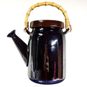 Lagardo Tackett Teapot Rockingham Iridescent chocolate brown 1958 bamboo handle